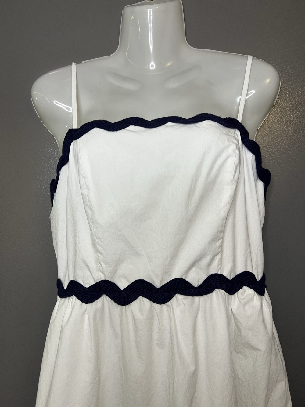 LOFT Beach Dress Womens 6 White Navy Maxi Sundress Ric Rac Tiered Strappy